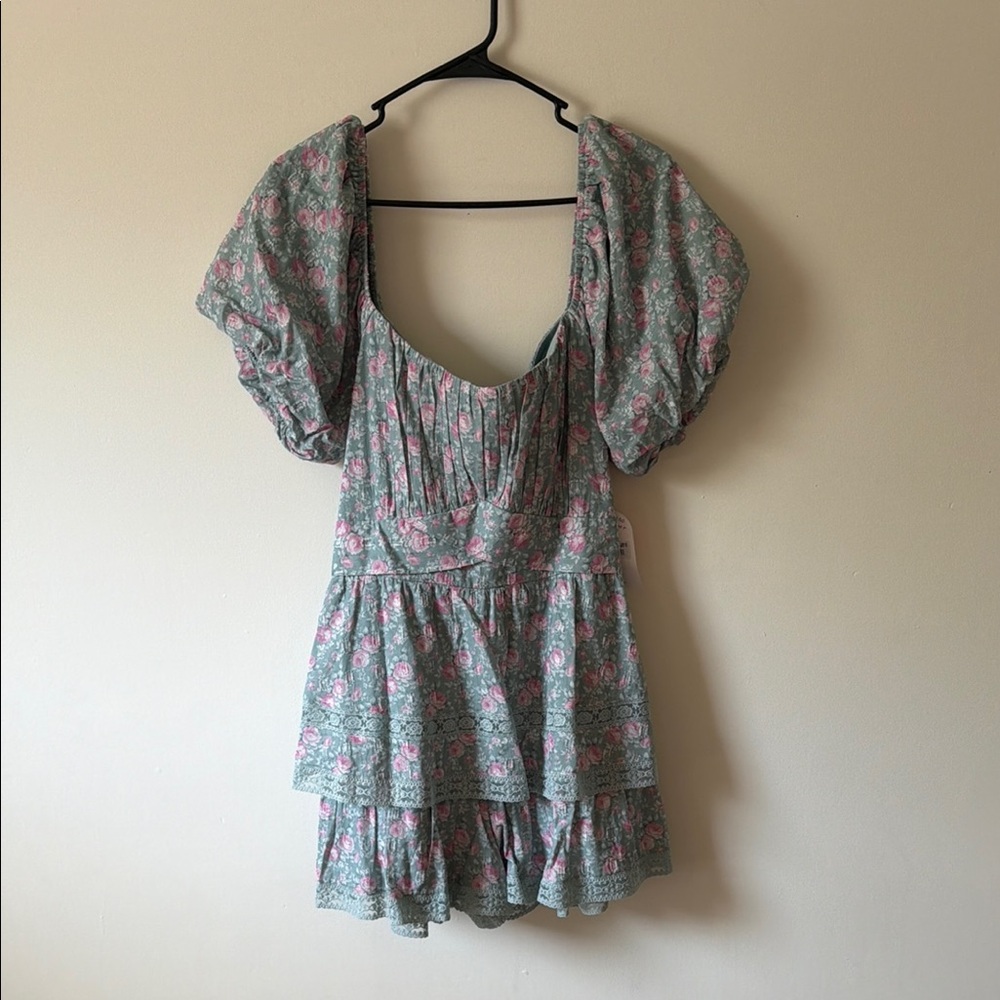 ARULA Floral Puff-Sleeve Tiered Romper - Sage Green & Pink